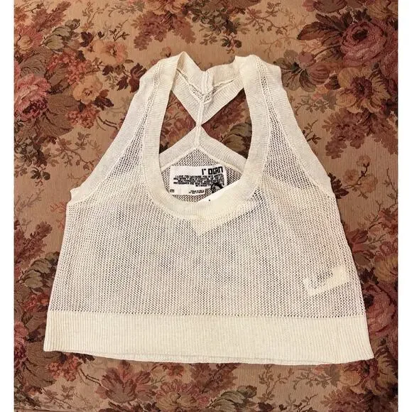Rogan Ivory Knit Crop Top Size Medium Mesh See Thru Sheer y2k babydoll - Picture 2 of 7